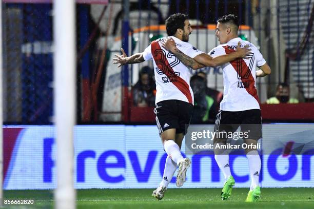 Ignacio Scocco of River Plate celebrates after scoring the first goal of his team during a match between Tigre and River Plate as part of Superliga...