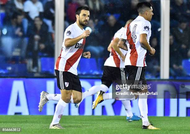 Ignacio Scocco of River Plate celebrates after scoring the first goal of his team during a match between Tigre and River Plate as part of Superliga...