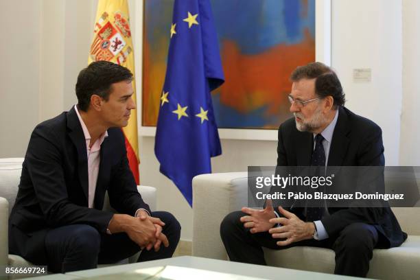Spanish Prime Minister Mariano Rajoy meets the leader of Spanish Socialist Party Pedro Sanchez at the Moncloa Palace on October 2, 2017 in Madrid,...