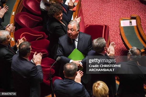 French Senate President, Gerard Larcher acknowledges applause after being re-elected for a new mandate during the opening of the 2017-2018 ordinary...