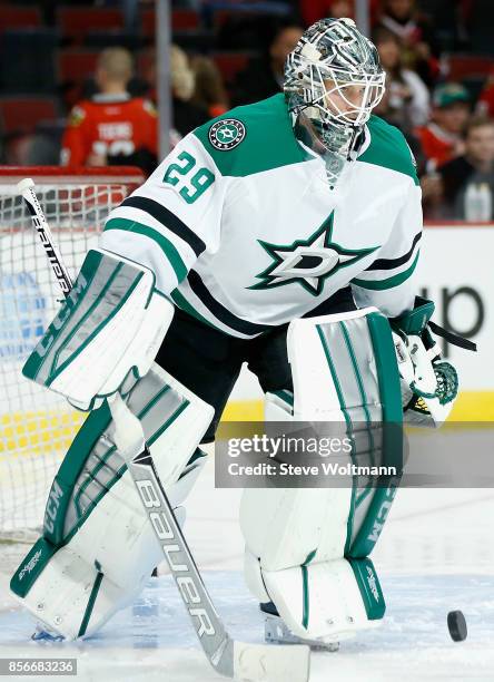 Goaltender Anders Lindback of the Dallas Stars warms up prior to a game against the Chicago Blackhawks at the United Center on January 4, 2015 in...