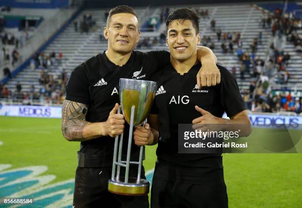 Sonny Bill Williams and Rieko Ioane of New Zealand celebrate with the trophy after winning a match between New Zealand and Argentina as part of Rugby...