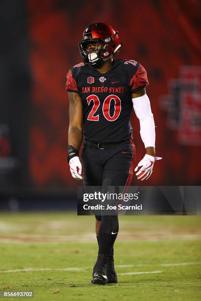 Rashaad Penny of the San Diego State Aztecs walks off the field during the Northern Illinois v San Diego State game at Qualcomm Stadium on September...