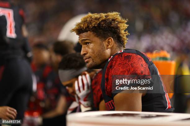 Tariq Thompson of the San Diego State Aztecs looks on from the bench in the second quarter during the Northern Illinois v San Diego State game at...