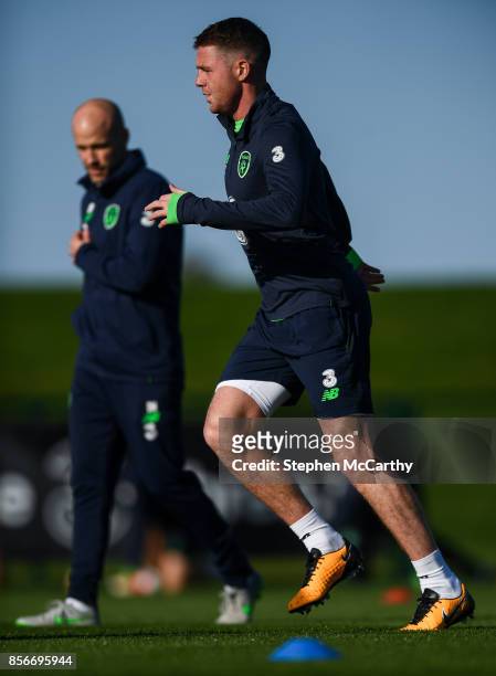 Dublin , Ireland - 2 October 2017; Republic of Ireland's James McCarthy and fitness coach Dan Horan, left, during squad training at the FAI National...