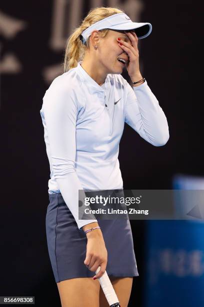 Donna Vekic of Croatia reacts after losing the point CoCo Vandeweghe of the United States during the women's singles first round on day three of 2017...