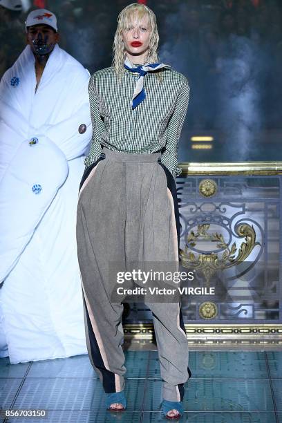 Model walks the runway during the Vivienne Westwood Ready to Wear Spring/Summer 2018 fashion show as part of Paris Fashion Week at on September 30,...