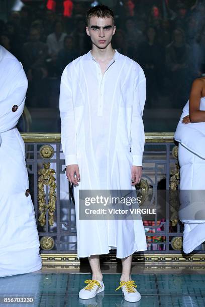 Model walks the runway during the Vivienne Westwood Ready to Wear Spring/Summer 2018 fashion show as part of Paris Fashion Week at on September 30,...