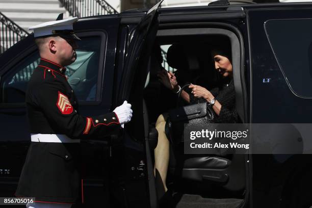 Naraporn Chan-o-cha , wife of Thai Prime Minister Prayut Chan-o-cha, arrives at the South Portico of the White House October 2, 2017 in Washington,...