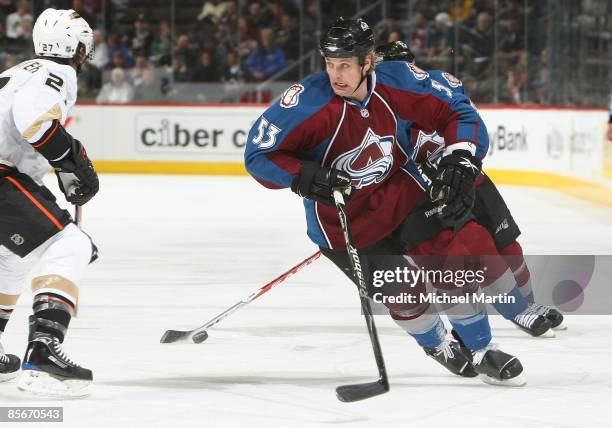 Matt Hendricks of the Colorado Avalanche skates against the Anaheim Ducks at the Pepsi Center on March 25, 2009 in Denver, Colorado. The Ducks...