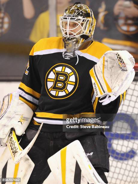 Goaltender Niklas Svedberg of the Boston Bruins plays in a game against the New Jersey Devils at TD Garden on January 8, 2015 in Boston,...