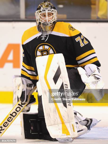 Goaltender Niklas Svedberg of the Boston Bruins plays in a game against the New Jersey Devils at TD Garden on January 8, 2015 in Boston,...