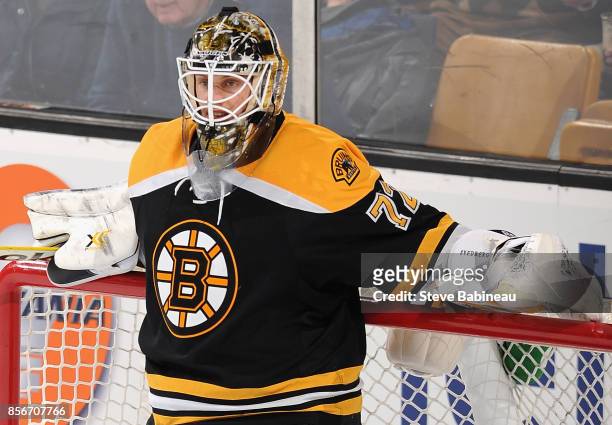 Goaltender Niklas Svedberg of the Boston Bruins plays in a game against the New Jersey Devils at TD Garden on January 8, 2015 in Boston,...
