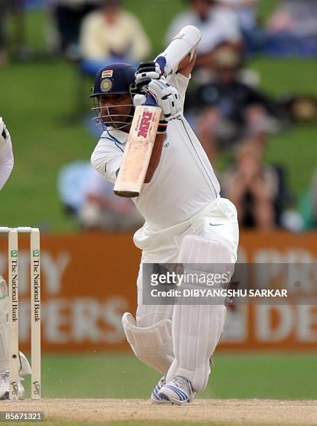 Indian cricketer Sachin Tendulkar plays a shot during the third day of the second Test match at the McLean Park in Napier on March 28, 2009. In reply...