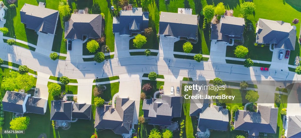 Idyllic neighborhood street, aerial view