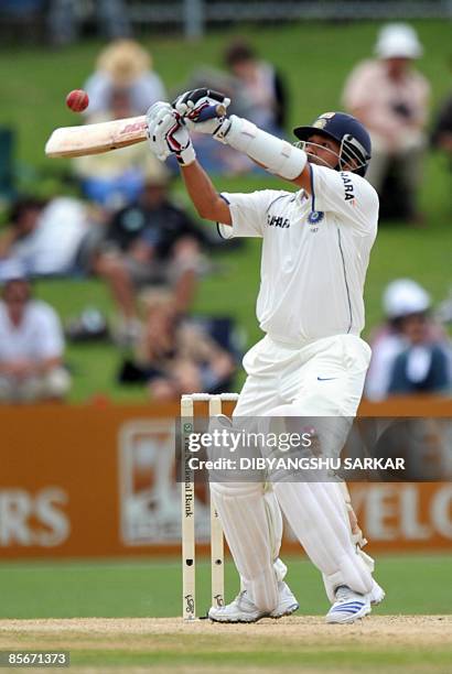 Indian cricketer Sachin Tendulkar plays a shot during the third day of the second Test match at the McLean Park in Napier on March 28, 2009. In reply...