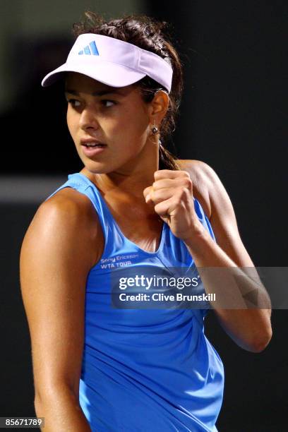 Ana Ivanovic of Serbia reacts to a point against Mariya Koryttseva of the Ukraine during day five of the Sony Ericsson Open at the Crandon Park...