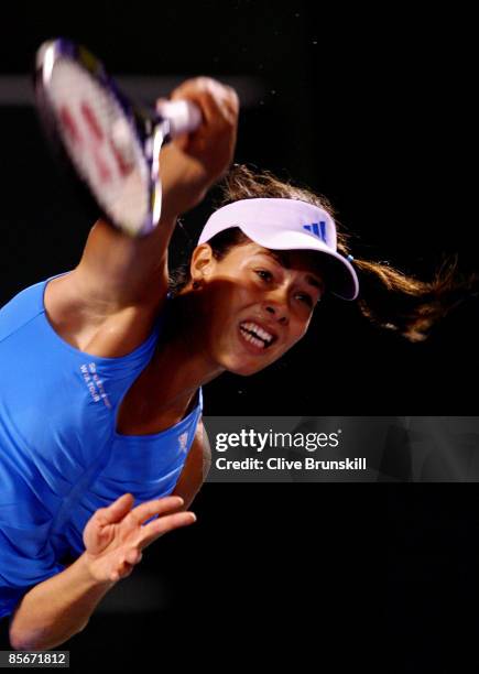 Ana Ivanovic of Serbia serves against Mariya Koryttseva of the Ukraine during day five of the Sony Ericsson Open at the Crandon Park Tennis Center on...