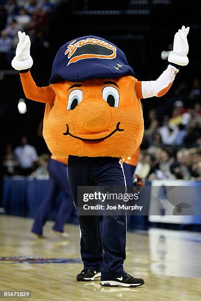 The Syracuse Orange mascot performs during a break in the game against the Oklahoma Sooners in the first half during the NCAA Men's Basketball...