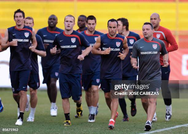 Players of the US national football team train at Cuscatlan stadium in San Salvador, on March 27, 2009. The US will face El Salvador on March 28 in a...