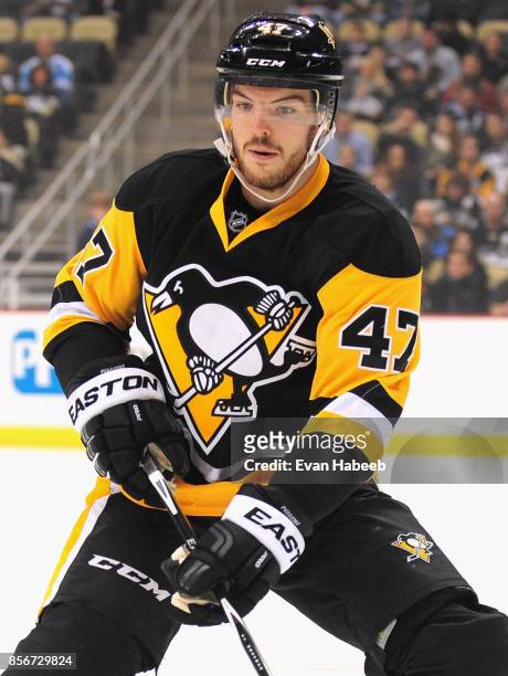 Simon Despres of the Pittsburgh Penguins plays in a game against the Minnesota Wid at the Consol Energy Center on January 13, 2015 in Pittsburgh,...