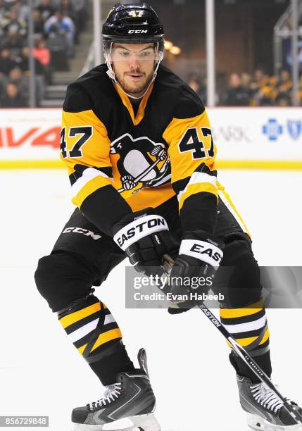 Simon Despres of the Pittsburgh Penguins plays in a game against the Minnesota Wid at the Consol Energy Center on January 13, 2015 in Pittsburgh,...