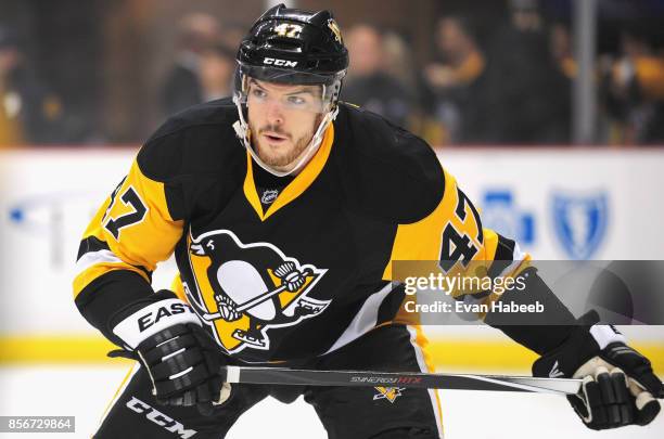 Simon Despres of the Pittsburgh Penguins plays in a game against the Minnesota Wid at the Consol Energy Center on January 13, 2015 in Pittsburgh,...