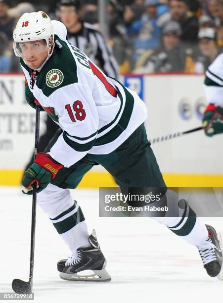 Ryan Carter of the Minnesota Wid plays in a game against the Pittsburgh Penguins at the Consol Energy Center on January 13, 2015 in Pittsburgh,...