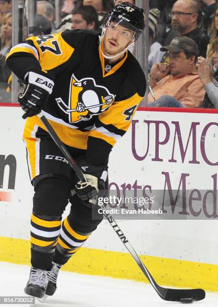 Simon Despres of the Pittsburgh Penguins plays in a game against the Minnesota Wid at the Consol Energy Center on January 13, 2015 in Pittsburgh,...