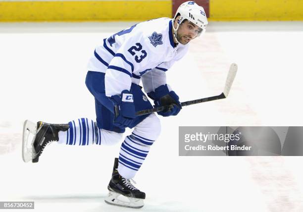 Trevor Smith of the Toronto Maple Leafs plays in a game against the Anaheim Ducks at Honda Center on January 14, 2015 in Anaheim, California.