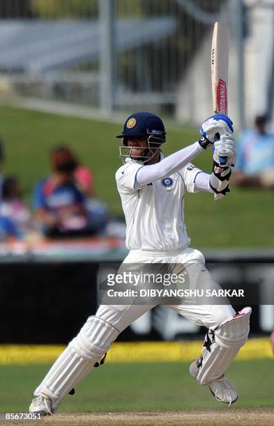 Indian cricketer Rahul Dravid plays a shot during the third day of the second Test match at the McLean Park in Napier on March 28, 2009. In reply to...