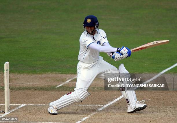 Indian cricketer Rahul Dravid plays a shot during the third day of the second Test match at the McLean Park in Napier on March 28, 2009. In reply to...