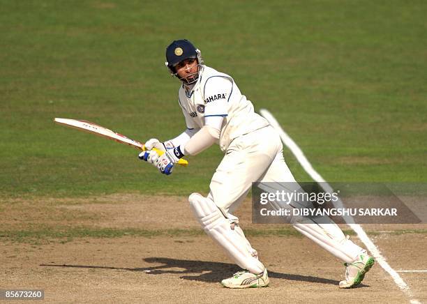 Indian cricketer V.V.S Laxman plays a shot during the third day of the second Test match at the McLean Park in Napier on March 28, 2009. In reply to...