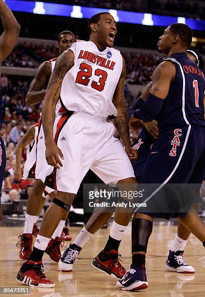 Terrence Jennings of the Louisville Cardinals reacts against Fendi Onubun of the Arizona Wildcats during the third round of the NCAA Division I Men's...
