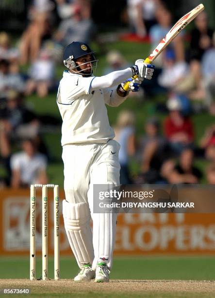 Indian cricketer V.V.S Laxman plays a shot during the third day of the second Test match at the McLean Park in Napier on March 28, 2009. New Zealand...