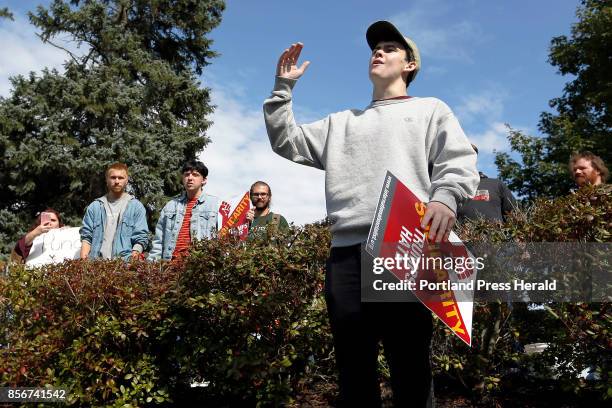 Counter-protester Sam Bonfatti, a student at the University of Maine at Farmington, briefly loses his temper at the Rally to Denounce Political...