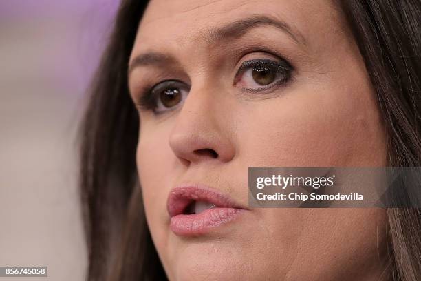 White House Press Secretary Sarah Huckabee Sanders conducts the daily press briefing at the White House October 2, 2017 in Washington, DC. Sanders...