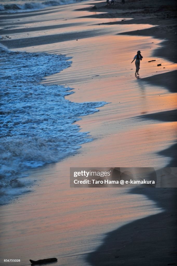A surfer walking on the sunset beach in Kamakura city in Kanagawa prefecture in Japan