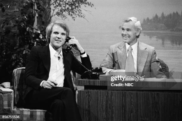 Pictured: Actor/comedian Steve Martin during an interview with host Johnny Carson on October 28, 1976 --