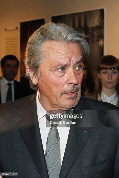 French actor Alain Delon arrives at "Master and Margarita" photo exhibition, March 27, 2009 in Moscow, Russia. The exhibition is inspired by Mikhail...