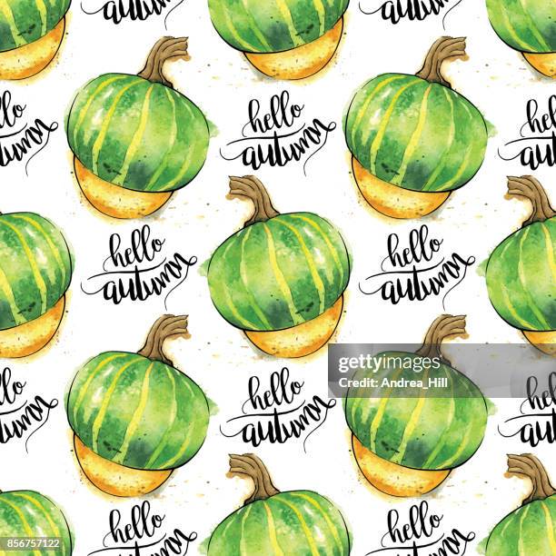 buttercup squash aquarell vektor nahtlose muster mit "hallo herbst" kalligraphische text - watercolour orange and black stock-grafiken, -clipart, -cartoons und -symbole