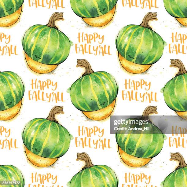 buttercup squash watercolor vector seamless pattern with "happy fall y'all" calligraphic text - ranunculus stock illustrations