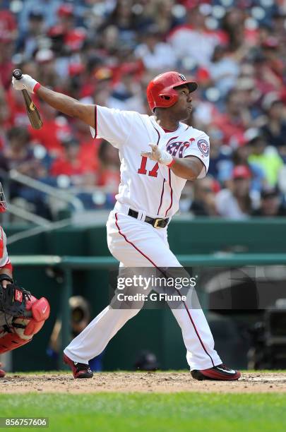 Alejandro De Aza of the Washington Nationals bats against the Philadelphia Phillies at Nationals Park on September 10, 2017 in Washington, DC.