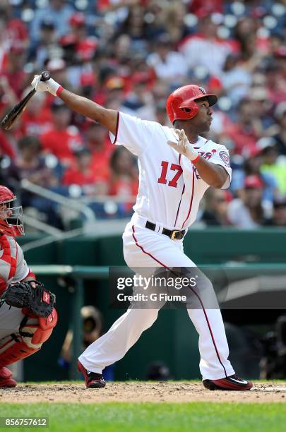 Alejandro De Aza of the Washington Nationals bats against the Philadelphia Phillies at Nationals Park on September 10, 2017 in Washington, DC.