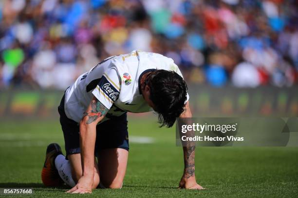 Mauro Formica of Pumas reacts during the 12th round match between Pumas UNAM and Cruz Azul as part of the Torneo Apertura 2017 Liga MX at La...