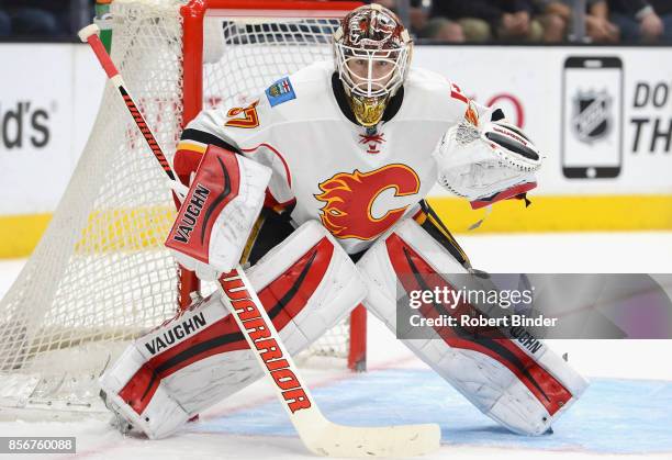 Goaltender Joni Ortio of the Calgary Flames plays in a game against the Los Angeles Kings at Staples Center on January 19, 2015 in Los Angeles,...