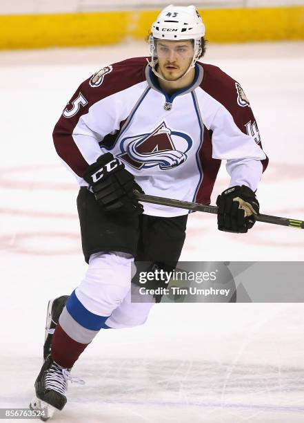 Dennis Everberg of the Colorado Avalanche plays in a game against the St. Louis Blues at the Scottrade Center on January 19, 2015 in St. Louis,...