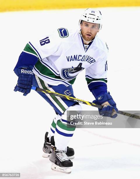 Ryan Stanton of the Vancouver Canucks warms up prior to a game against the Florida Panthers at BB&T Center on January 19, 2015 in Sunrise, Florida.