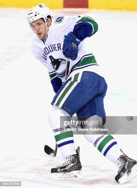 Linden Vey of the Vancouver Canucks warms up prior to a game against the Florida Panthers at BB&T Center on January 19, 2015 in Sunrise, Florida.