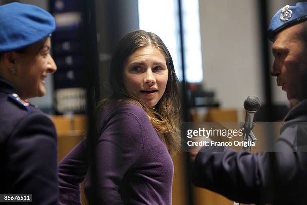 Former exchange student Amanda Knox of Seattle, Washington arrives for the Meredith Kercher murder trial at the Perugia courthouse on March 28, 2009...